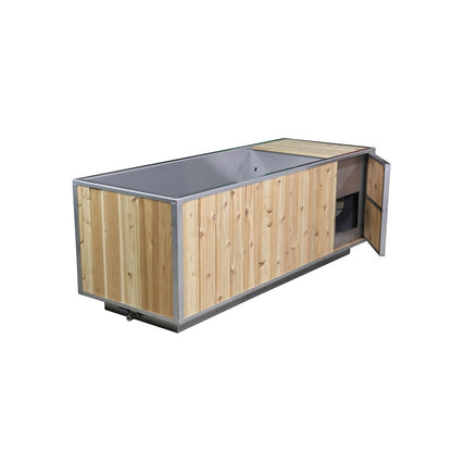 The Flow Cold Plunge on white with the cedar chiller-compartment door swung open