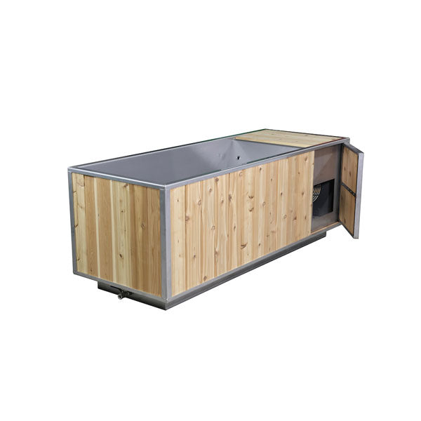 The Flow Cold Plunge on white with the cedar chiller-compartment door swung open