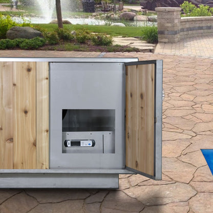 The Flow Cold Plunge chiller compartment with its cedar door open, digital controller visible, poolside patio