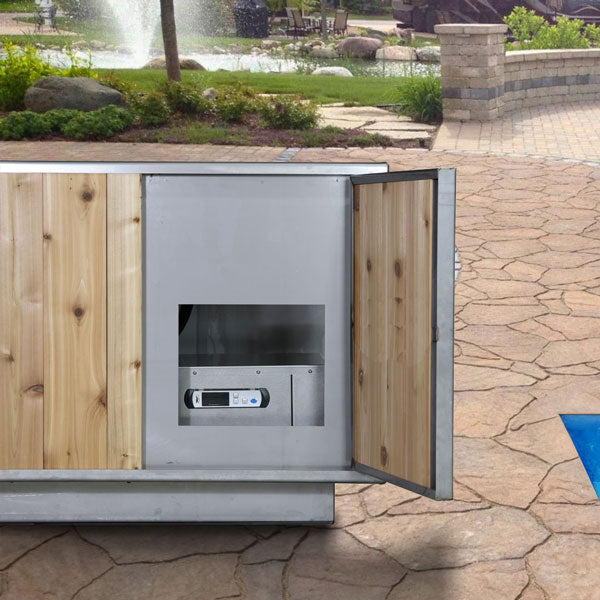 The Flow Cold Plunge chiller compartment with its cedar door open, digital controller visible, poolside patio
