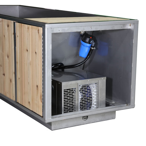 Cutaway of The Flow Cold Plunge chiller compartment showing the chiller and inline filter housing