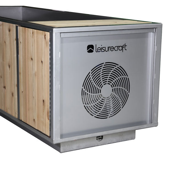LeisureCraft-branded stainless chiller vent panel on the end of The Flow Cold Plunge