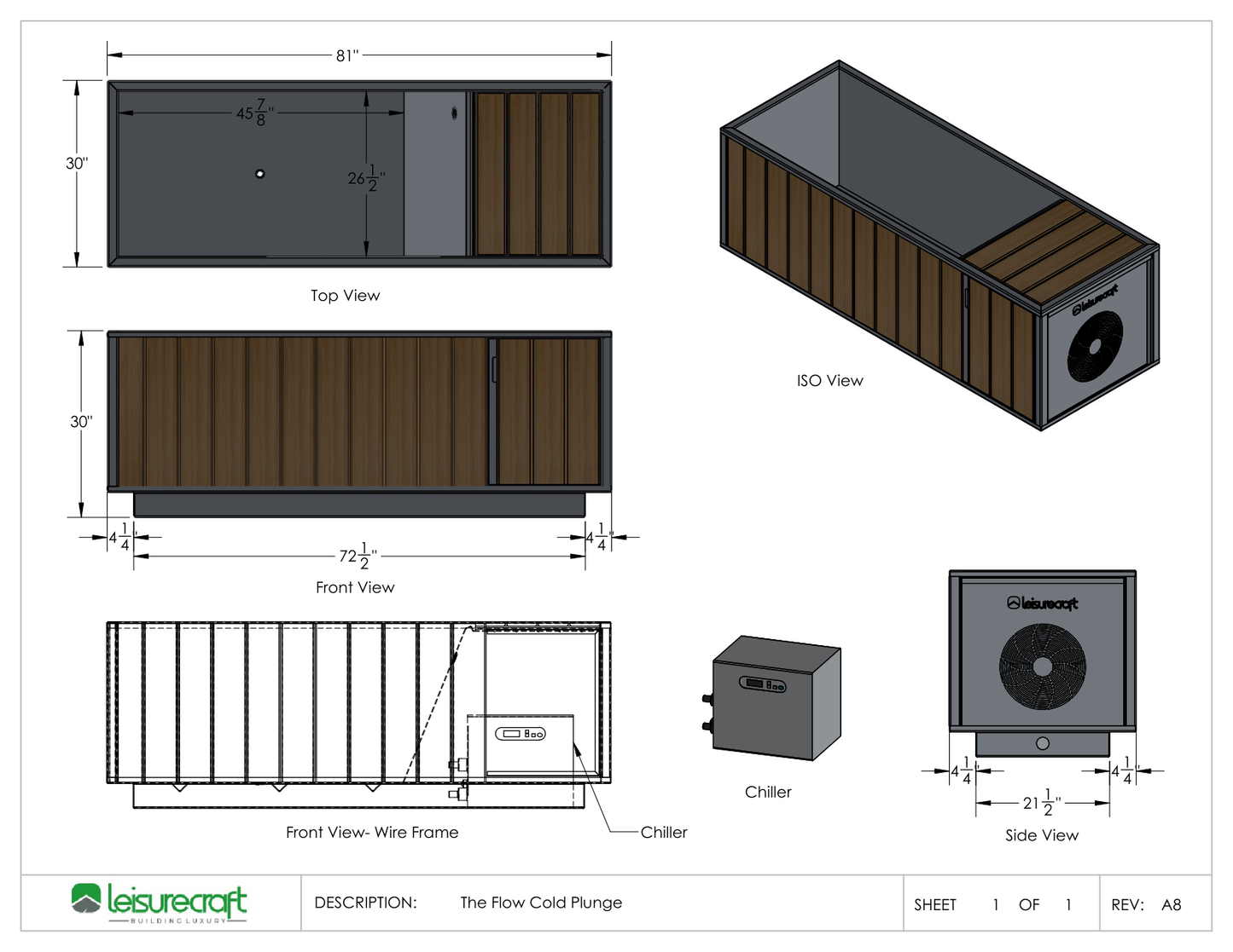 The Flow Cold Plunge dimension drawing: 81 by 30 by 30 inches with chiller compartment, top, front and side views