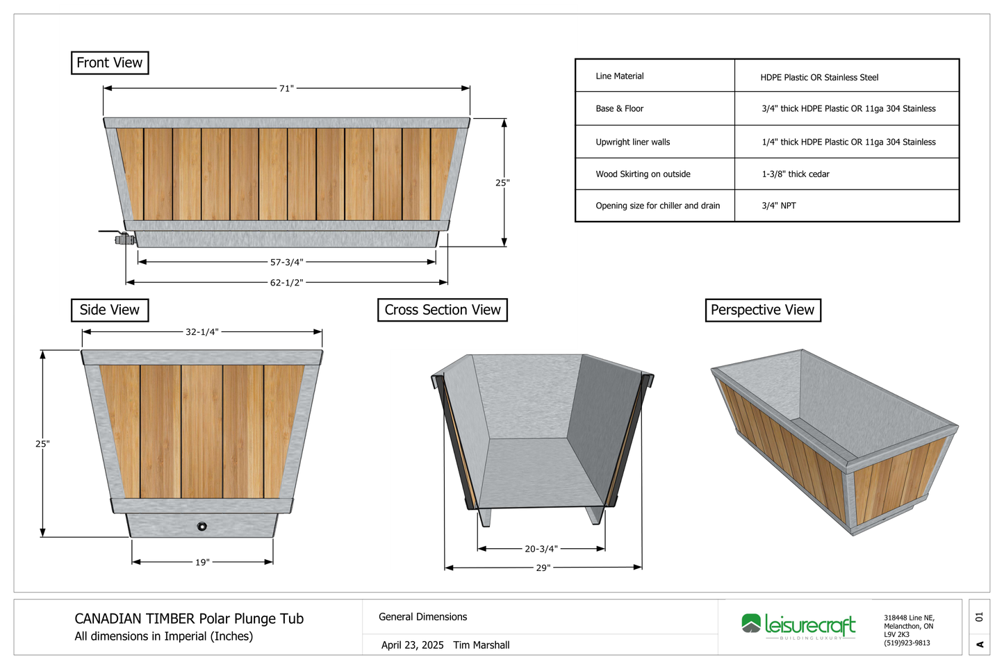 The Polar Plunge Tub dimension drawing in inches: 71 by 32.25 by 25, front, side, cross section and perspective views