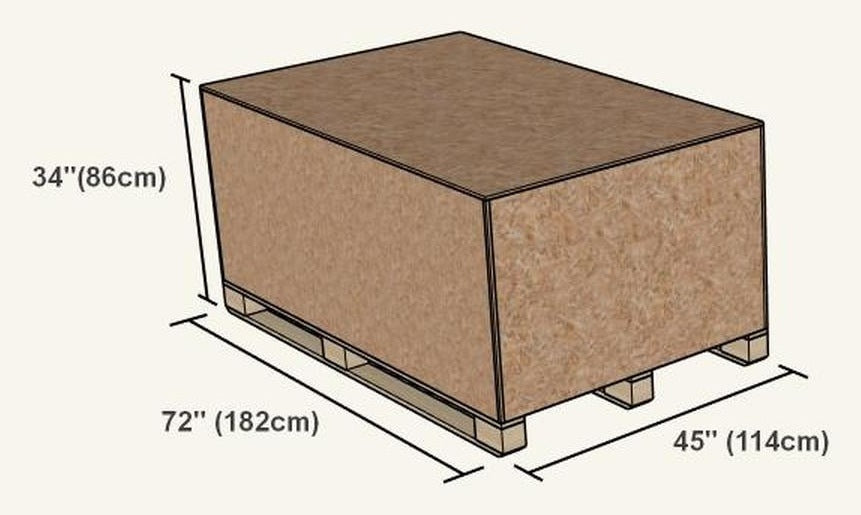 Shipping crate drawing for The Polar Plunge Tub, 34 by 72 by 45 inches on a pallet