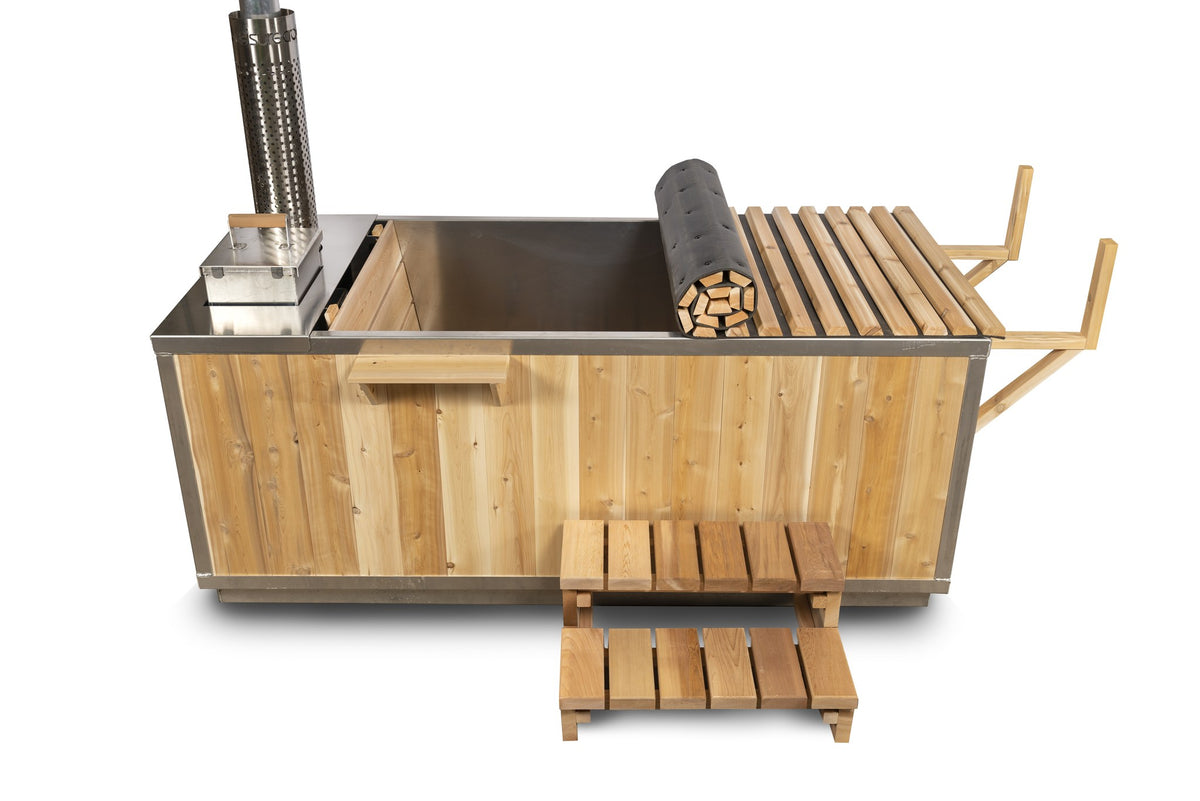 The Starlight hot tub from the side, shown with the optional aluminum interior, cedar roll-up cover and two tier step, chimney at the far end.