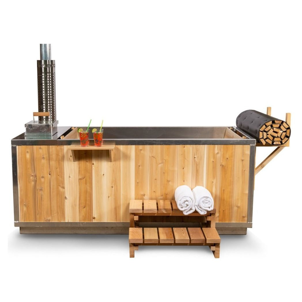 Straight side view of the Starlight hot tub, the full length of its vertical white cedar skirt, chimney at the left, roll-up cover at the right.