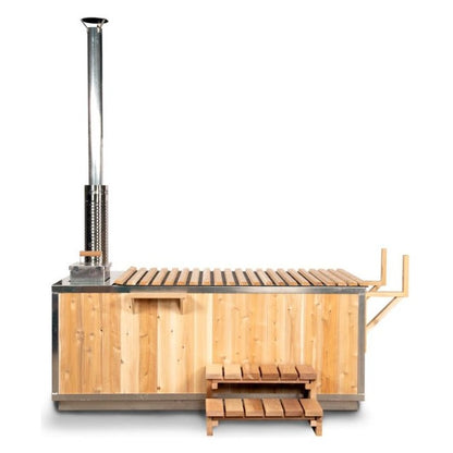 The Starlight hot tub in the studio with the optional cedar roll-up cover rolled out over the bathing area, stove end left open.