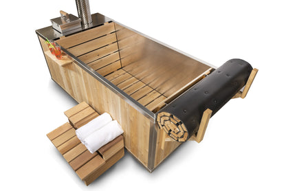 Looking into the Starlight from the cover end at the red cedar slat floor and backrest, shown with the optional aluminum liner.