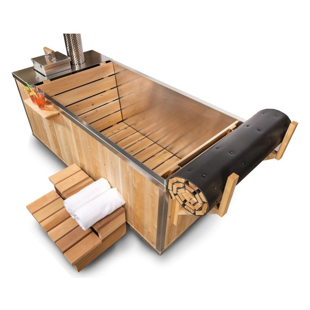 Looking into the Starlight from the cover end at the red cedar slat floor and backrest, shown with the optional aluminum liner.