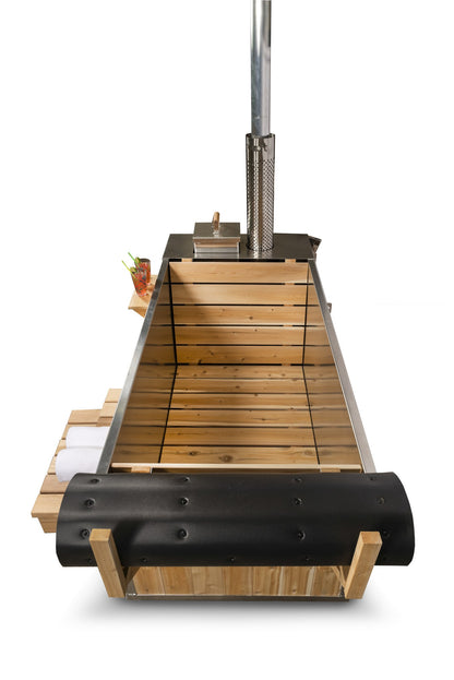 View down the length of the Starlight hot tub interior from the cover end to the aluminum firebox and chimney shield