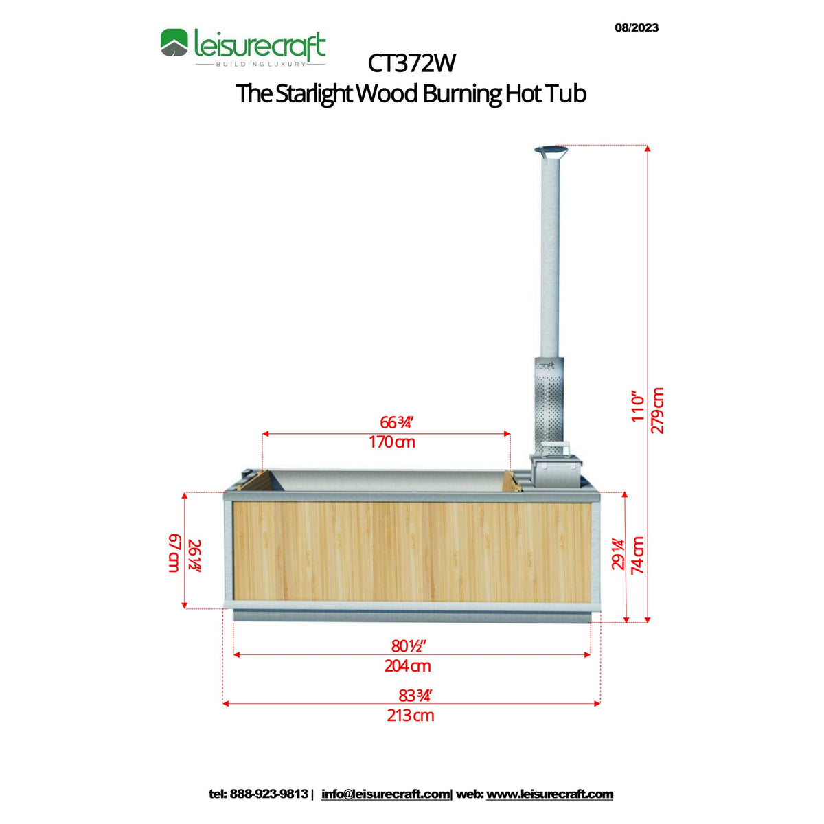 Dimension drawing of the Starlight Wood Burning Hot Tub side elevation: 83-3/4 inches long, 29-1/4 inches tall, 110 inches to the chimney cap