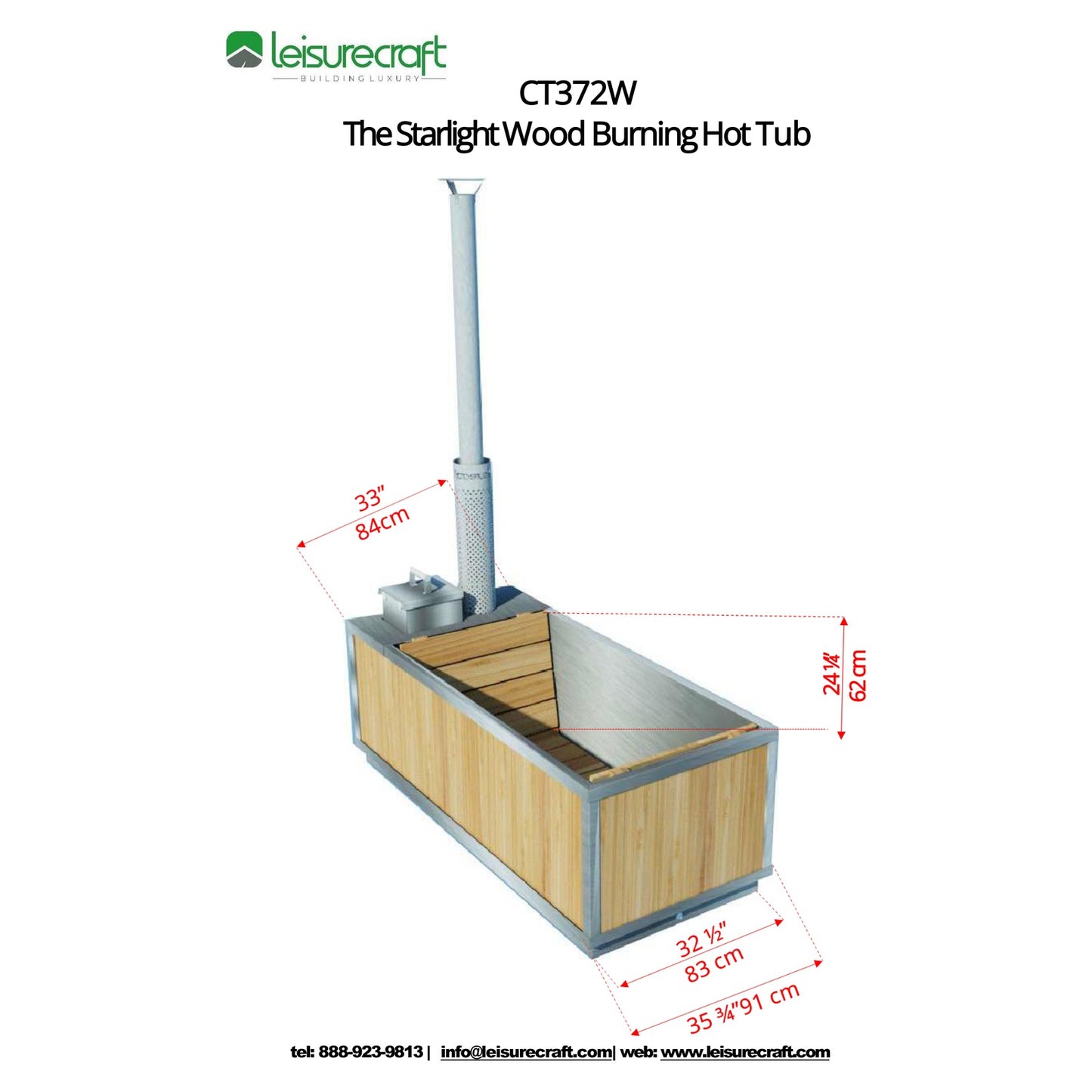 Isometric dimension drawing of the Starlight hot tub: 33 inch interior width, 24-1/4 inch depth, 35-3/4 inch exterior width