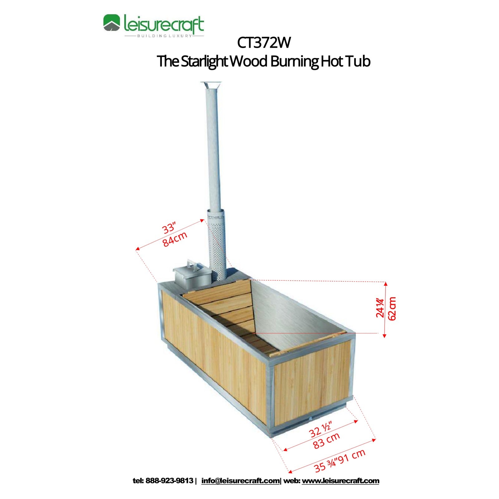 Isometric dimension drawing of the Starlight hot tub: 33 inch interior width, 24-1/4 inch depth, 35-3/4 inch exterior width