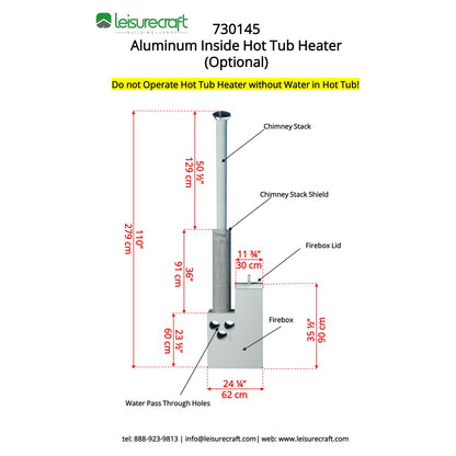 Drawing of the Starlight aluminum inside hot tub heater with chimney stack, shield, firebox lid and water pass-through holes