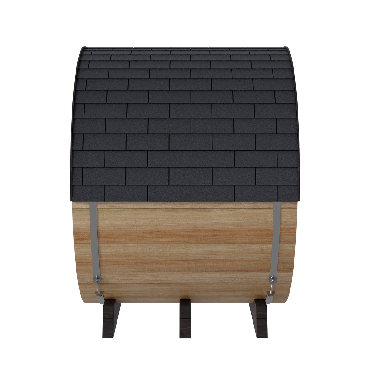 Finnmark FD-6 barrel sauna seen from the front, showing the round cedar face, the glass door and the shingled roof
