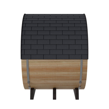 Finnmark FD-6 barrel sauna seen from the front, showing the round cedar face, the glass door and the shingled roof