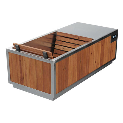 Finnmark SoulCold plunge tub on a white background showing the stainless rim, the cedar cabinet and the cedar cover slats