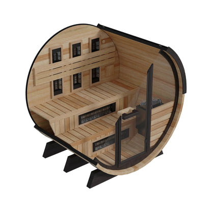 Inside the Finnmark FD-7 barrel sauna, showing the two bench tiers and the infrared panels set into the wall