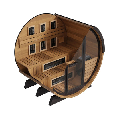 Inside the Finnmark FD-6 barrel sauna, showing the two tiers of cedar bench and the infrared panels set into the wall