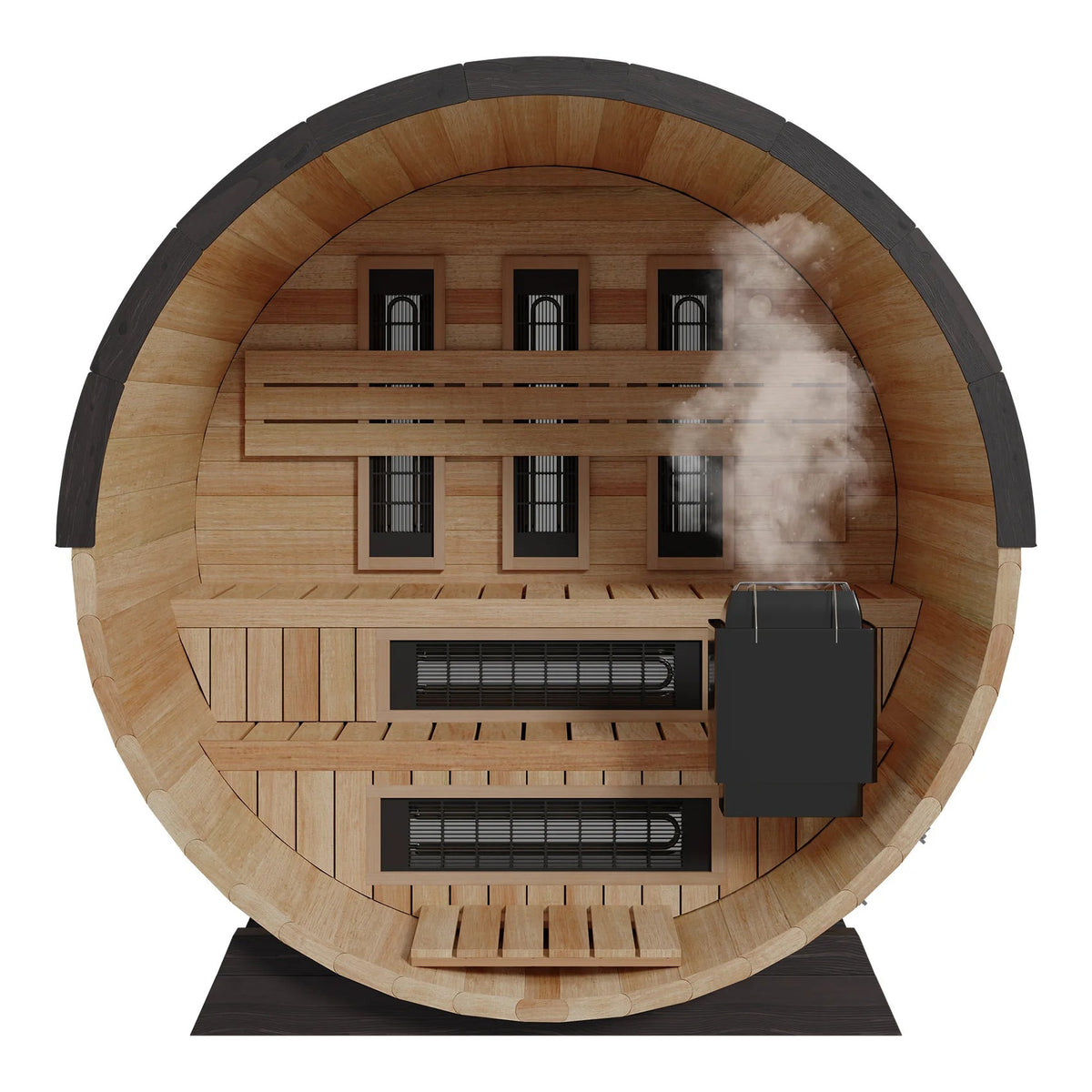 Looking into the Finnmark FD-7 barrel sauna through the open door at the benches and the heater wall