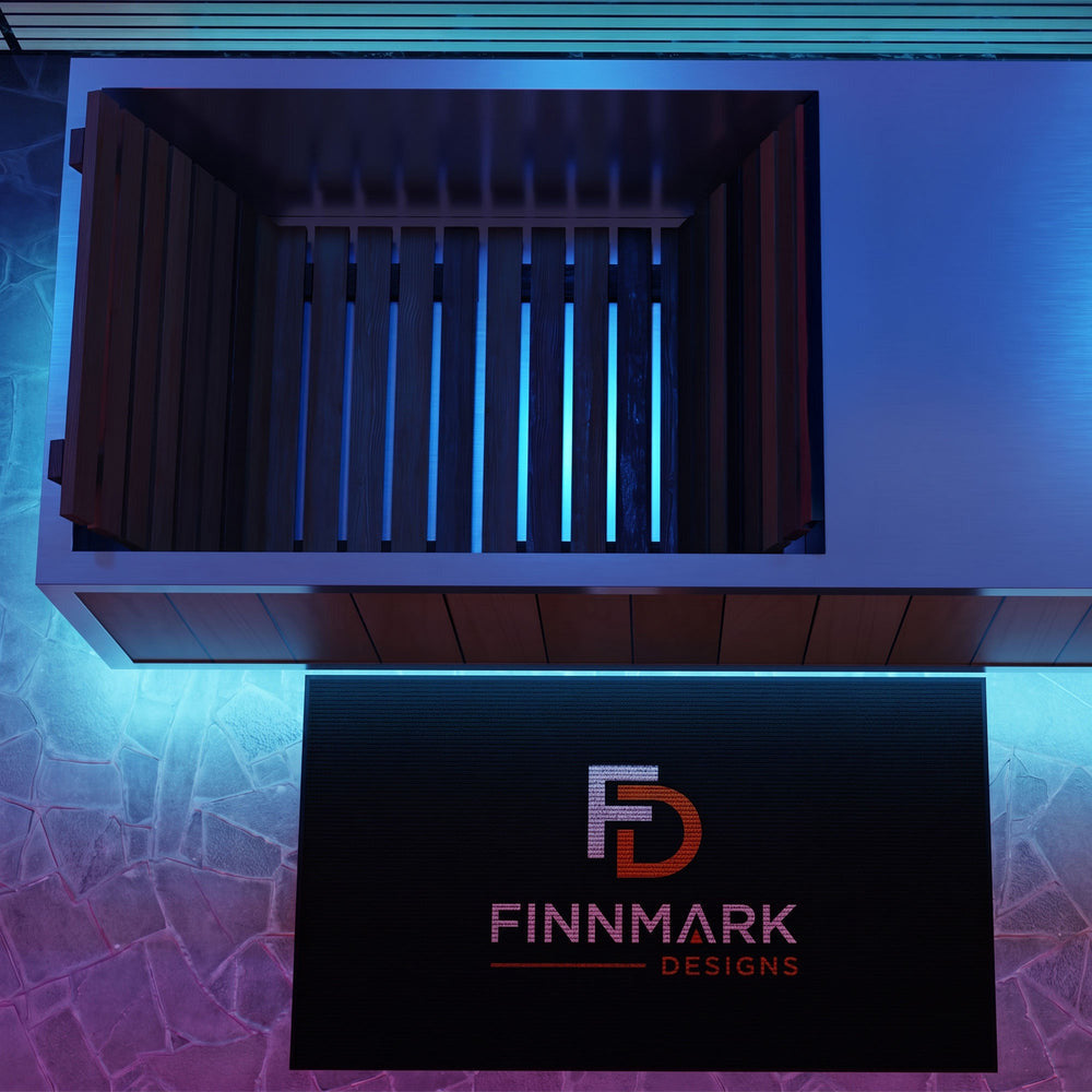 Looking down into the Finnmark SoulCold stainless steel tub at the cedar backrest and the interior lighting