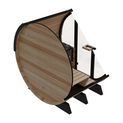 Finnmark FD-7 barrel sauna with the glass door swung open, seen from behind