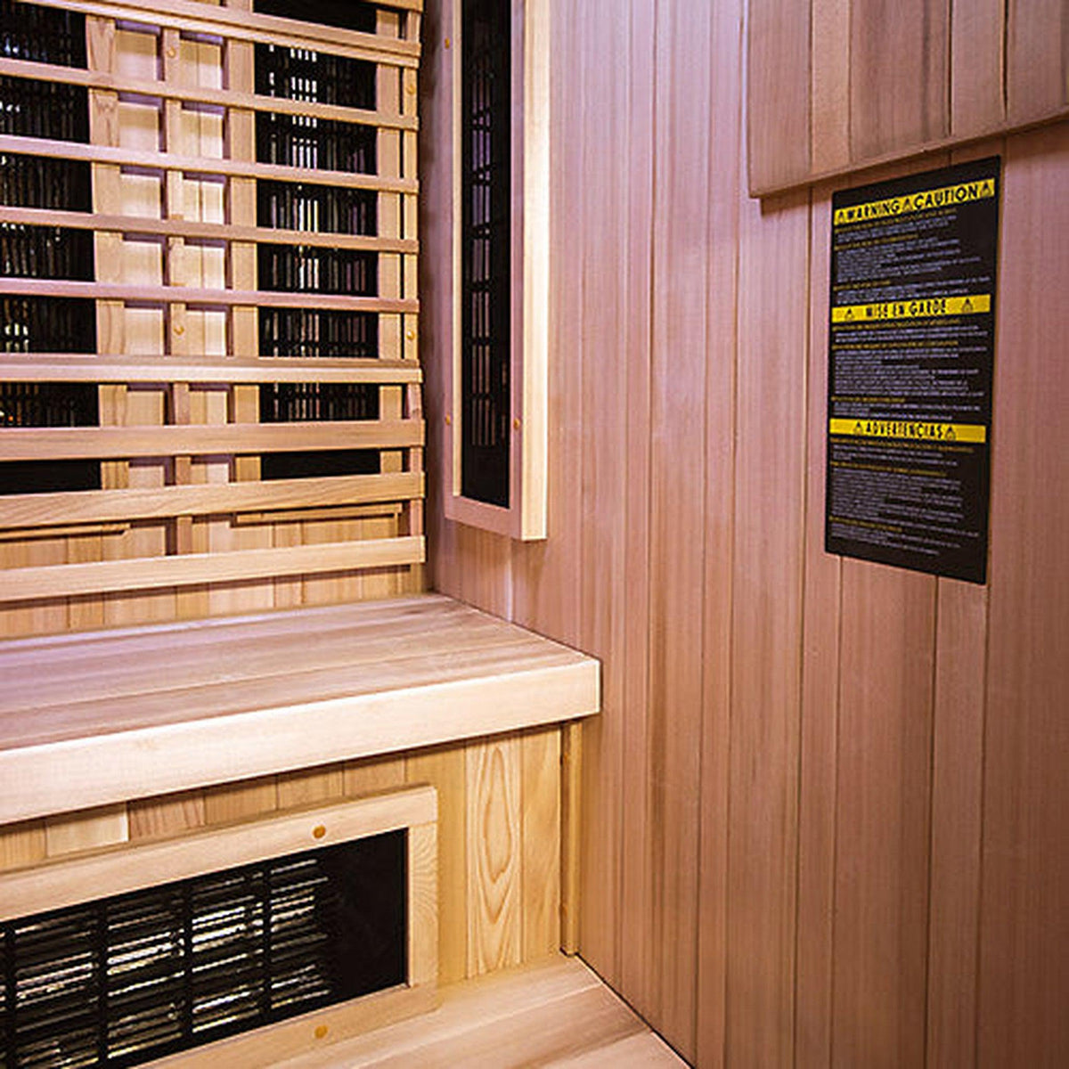 The two tier cedar benching inside the Finnmark FD-4 Trinity sauna with an infrared panel below