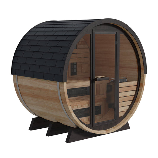 Finnmark FD-7 Thermo-Aspen barrel sauna at a three quarter angle, glass door and shingled roof in view