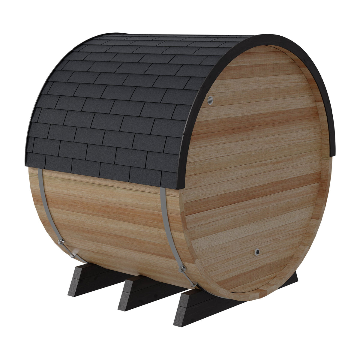 Finnmark FD-7 barrel sauna from the rear right, showing the aspen staves and the shingled roof