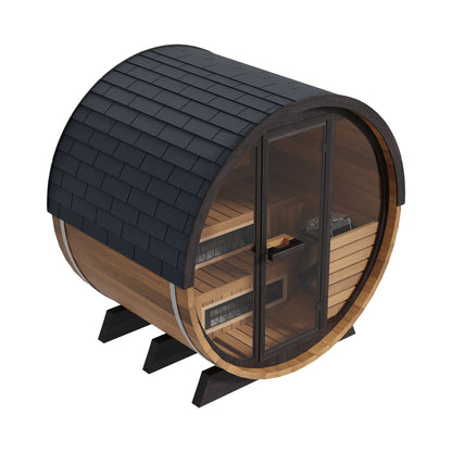 Side view of the Finnmark FD-6 cedar barrel sauna on its cradle supports