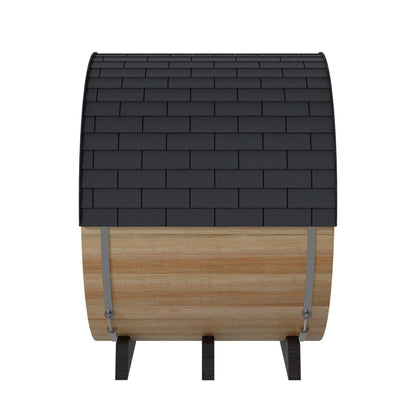 Profile of the Finnmark FD-7 barrel sauna showing its length on the cradle supports