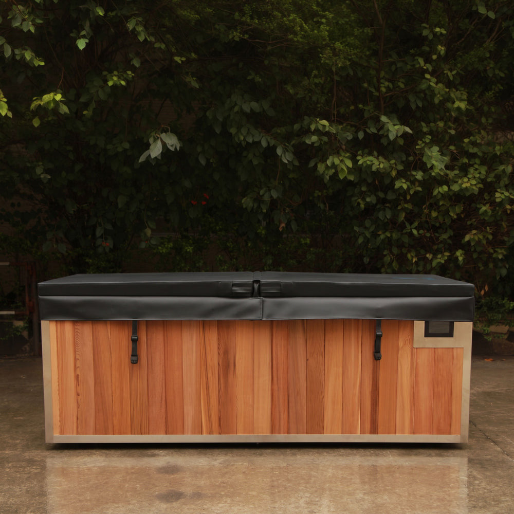 Finnmark SoulCold plunge tub with the marine grade insulated cover fitted and strapped down