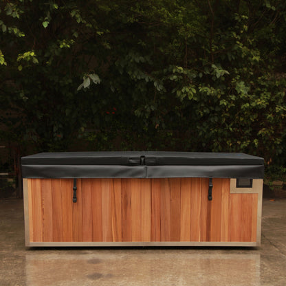 Finnmark SoulCold plunge tub with the marine grade insulated cover fitted and strapped down