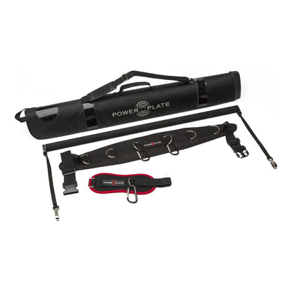 Power Plate Cable Accessory Kit, long bar, D ring waist belt, red ankle belt and Power Plate carry bag