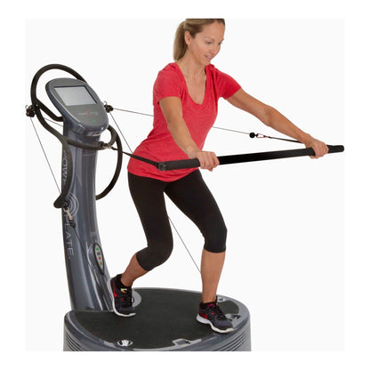 Power Plate proMotion cables attached to the long bar of the Cable Accessory Kit during a standing row