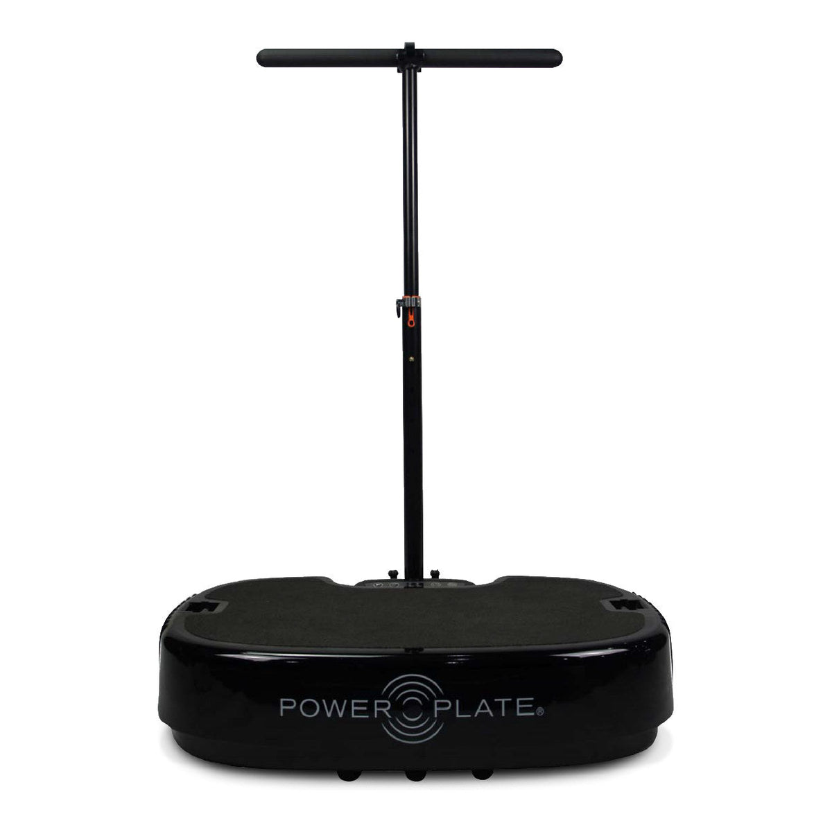 Personal Power Plate Stability Bar fitted to a black Personal Power Plate, T shaped handle on a single column