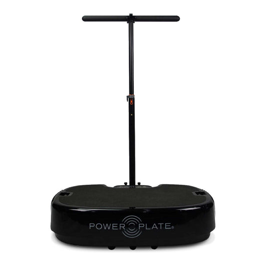 Personal Power Plate Stability Bar fitted to a black Personal Power Plate, T shaped handle on a single column