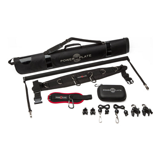 Power Plate Total Body Cable Accessory Kit, long bar, waist belt, ankle belt, carry bag, zip case, rollers and clamps