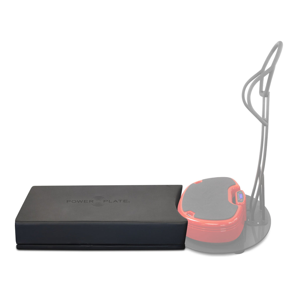 Power Plate Deluxe Support Cushion beside a Power Plate MOVE mounted on a stability bar and shield