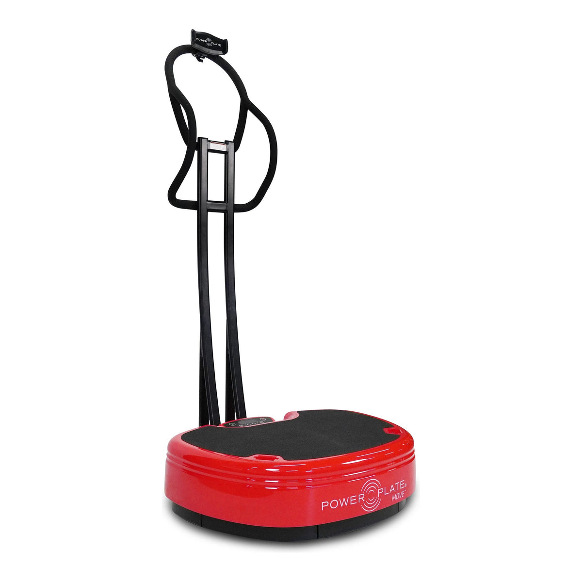 Power Plate MOVE Stability Bar fitted to a red Power Plate MOVE, looped handlebar with mobile device holder