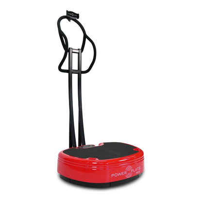Power Plate MOVE Stability Bar fitted to a red Power Plate MOVE, looped handlebar with mobile device holder