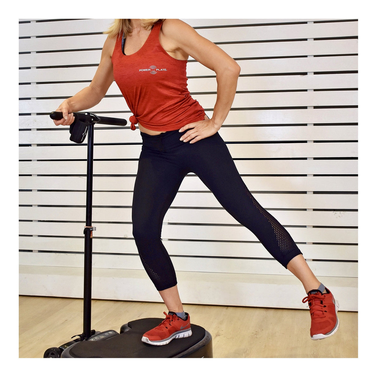 Personal Power Plate Stability Bar used for support during a standing leg exercise