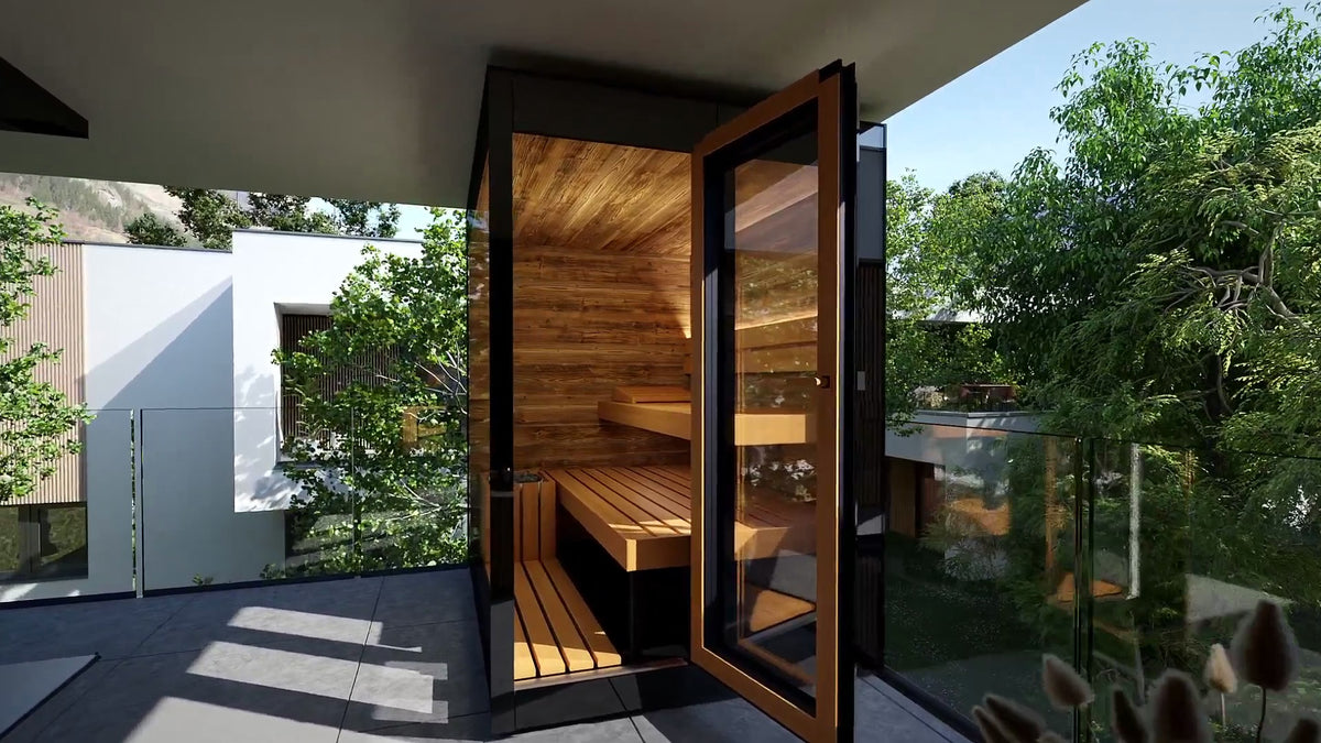 ThermaSol Vera outdoor sauna cabin with the glass door open