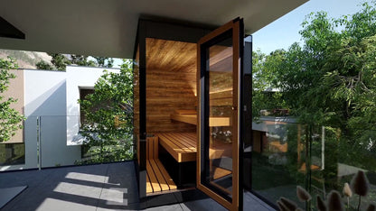 ThermaSol Vera outdoor sauna cabin with the glass door open