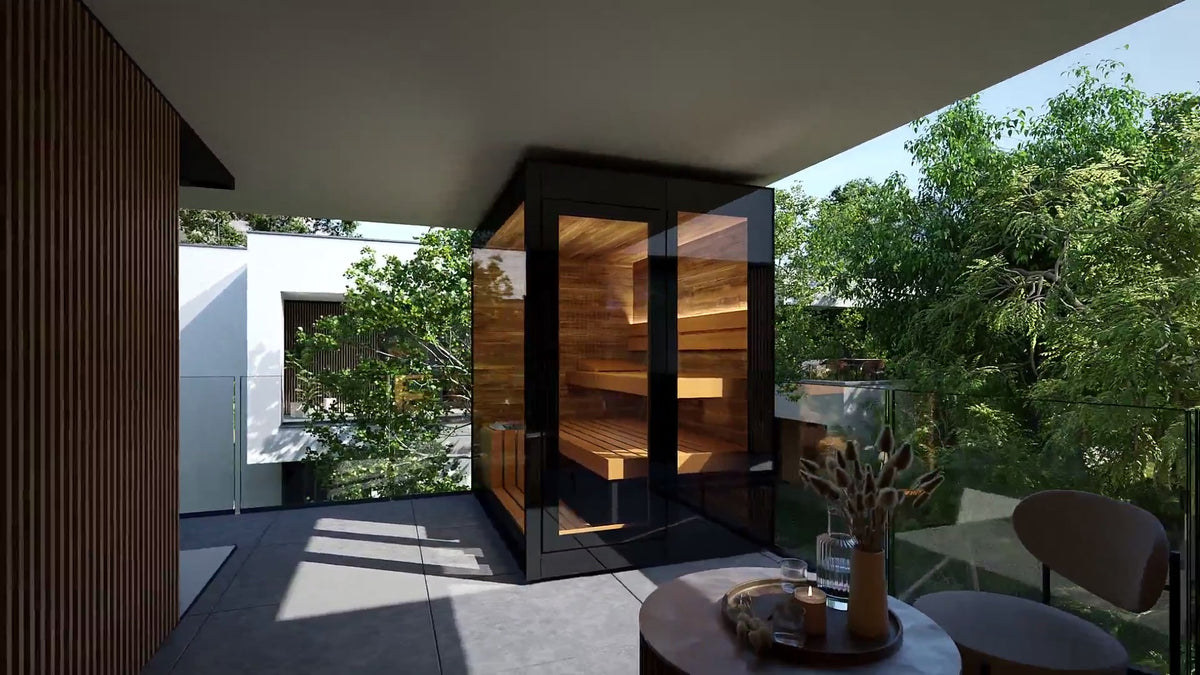 ThermaSol Vera outdoor sauna cabin beside terrace seating
