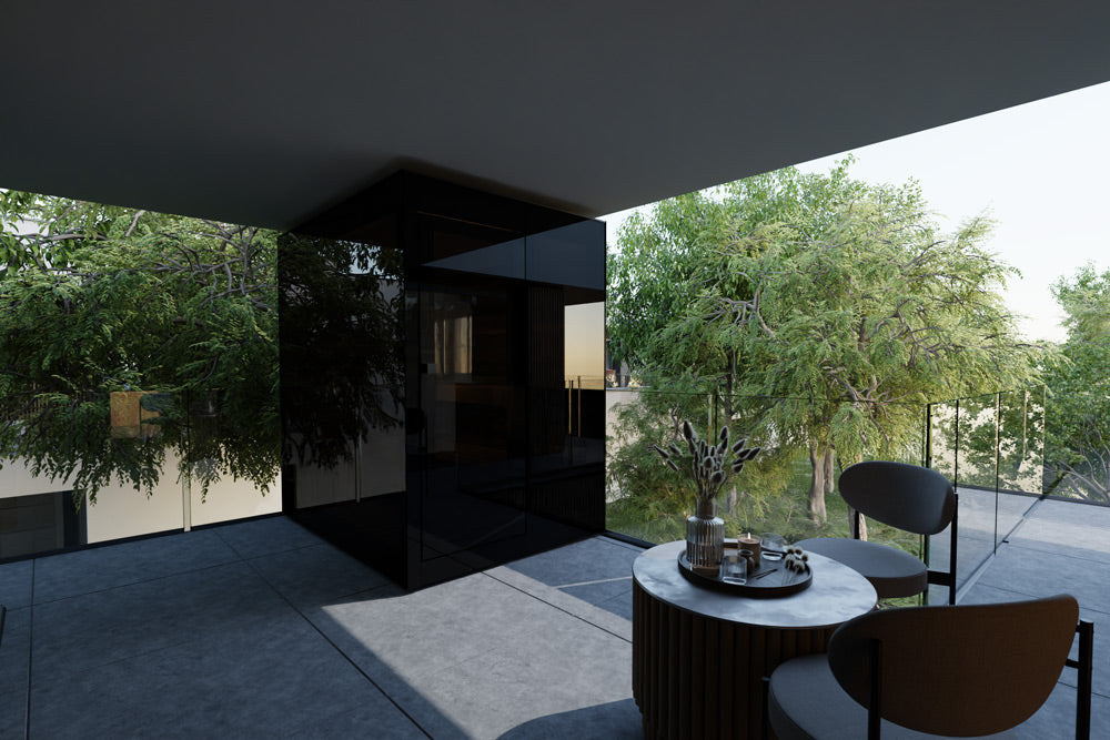 ThermaSol Vera outdoor sauna cabin, the dark grey glass