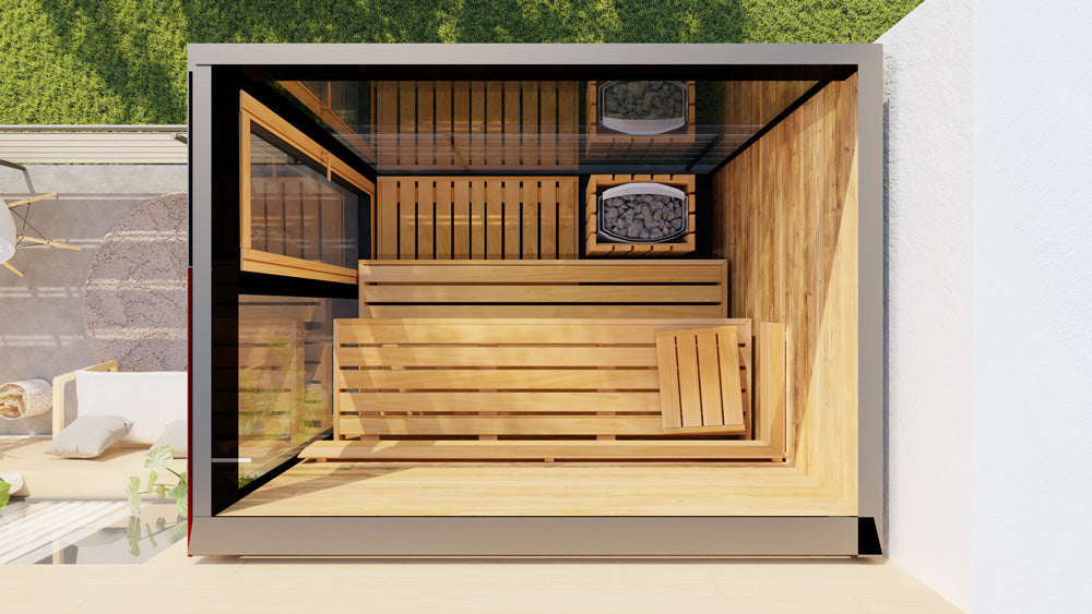 ThermaSol Vera outdoor sauna cabin, overhead layout