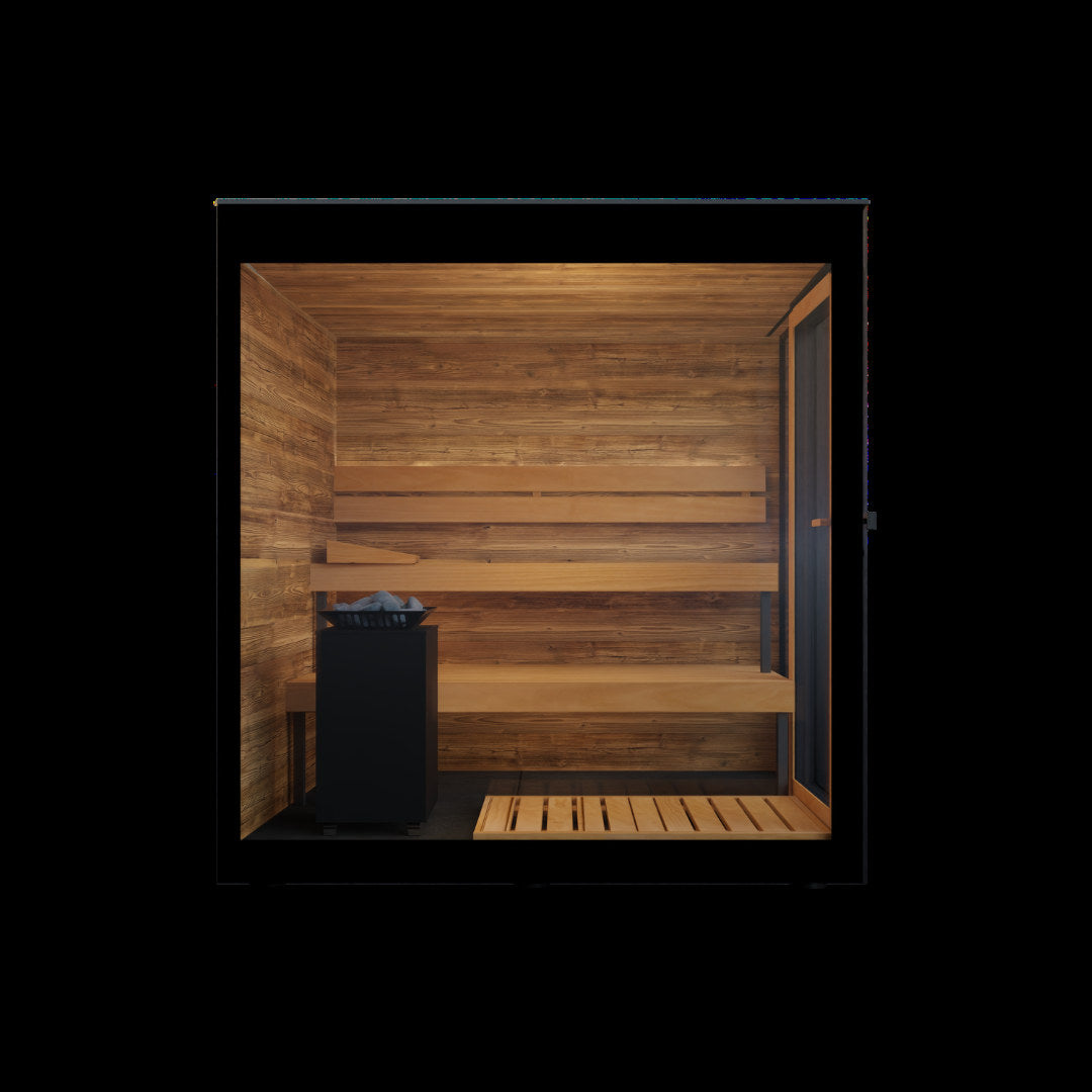 ThermaSol Vera outdoor sauna cabin, three quarter studio view on a dark background