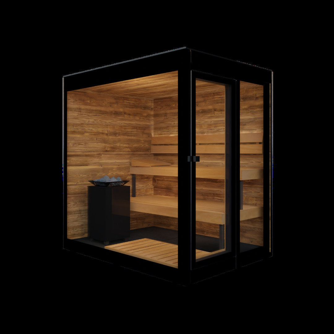 ThermaSol Vera outdoor sauna cabin, three quarter view